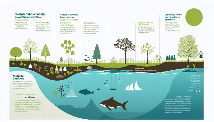 Illustrated diagram of eco-friendly coastal development solutions and their benefits to marine life