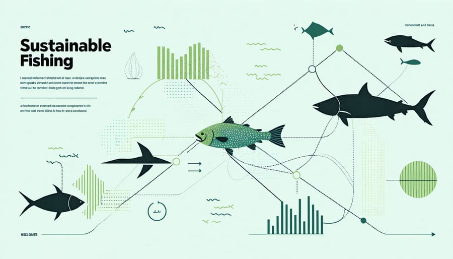 Infographic illustrating the three pillars of sustainable fishing with connecting arrows and icons