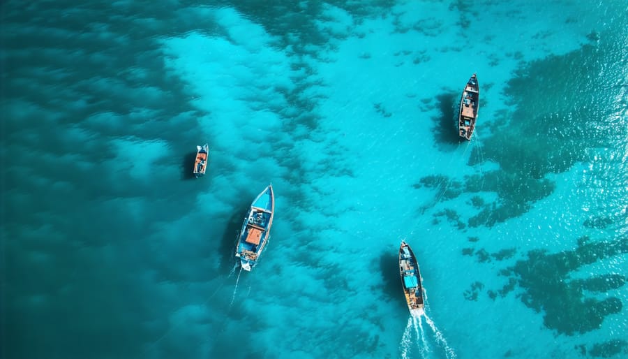 Aerial photograph showing small-scale fishing vessels working within a marine conservation area marked by buoys