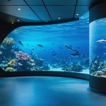 Illustration of a modern marine conservation center featuring interactive digital displays, virtual reality experiences of coral reefs, and scientists using technology for underwater research.