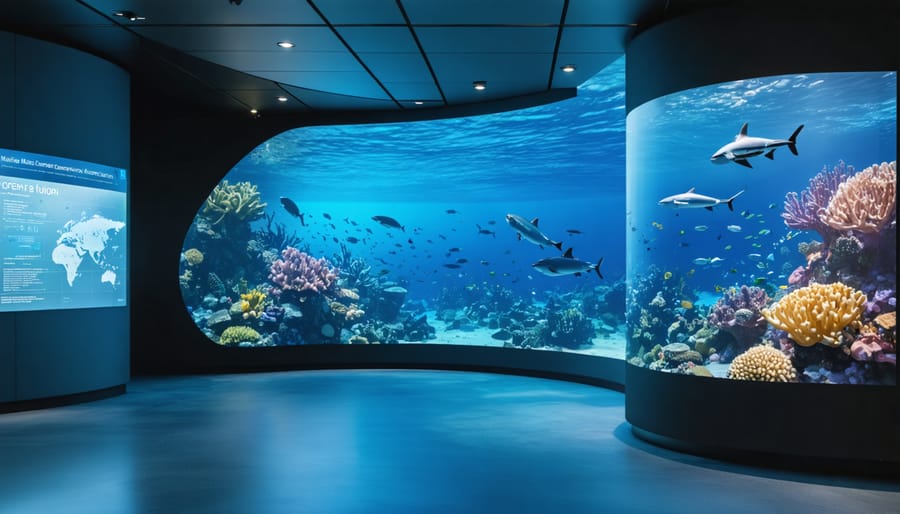 Illustration of a modern marine conservation center featuring interactive digital displays, virtual reality experiences of coral reefs, and scientists using technology for underwater research.