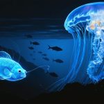 A mesmerizing underwater scene featuring diverse deep-sea creatures, including an anglerfish with a glowing lure, jellyfish with transparent bodies, and a giant isopod, illuminated by bioluminescent light in the dark ocean depths.