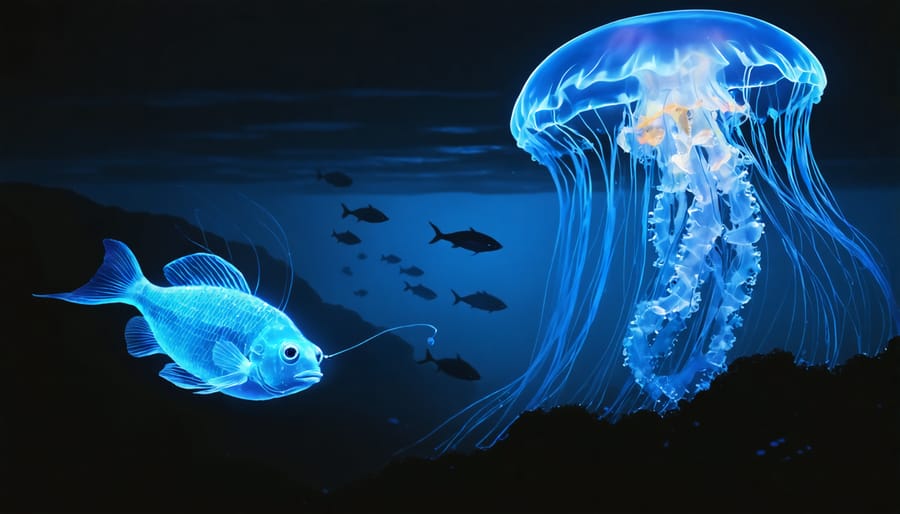 A mesmerizing underwater scene featuring diverse deep-sea creatures, including an anglerfish with a glowing lure, jellyfish with transparent bodies, and a giant isopod, illuminated by bioluminescent light in the dark ocean depths.