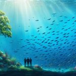 Artistic visualization of a flourishing ocean with diverse fish, alongside symbols representing environmental, economic, and social pillars of sustainable fishing.