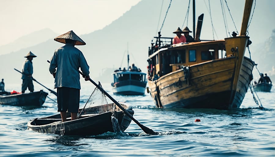 Local fishermen casting traditional nets near tourist vessels in coastal waters