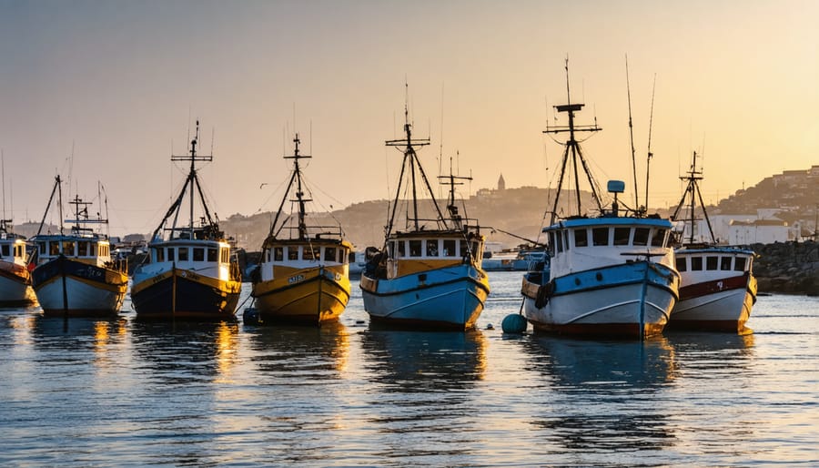 Wooden fishing boats moored at a traditional coastal village harbor during sunset