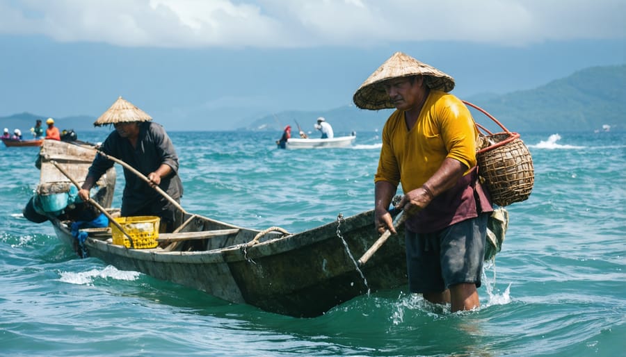 Maya Q'eqchi' fishermen casting traditional nets from wooden boats in Caribbean waters