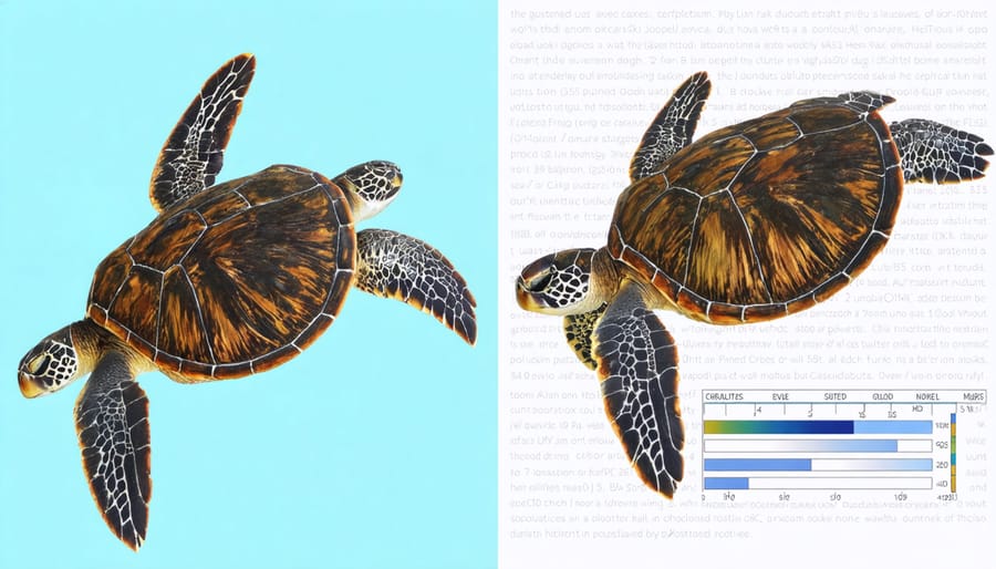 Endangered sea turtle alongside its genetic markers and population distribution map