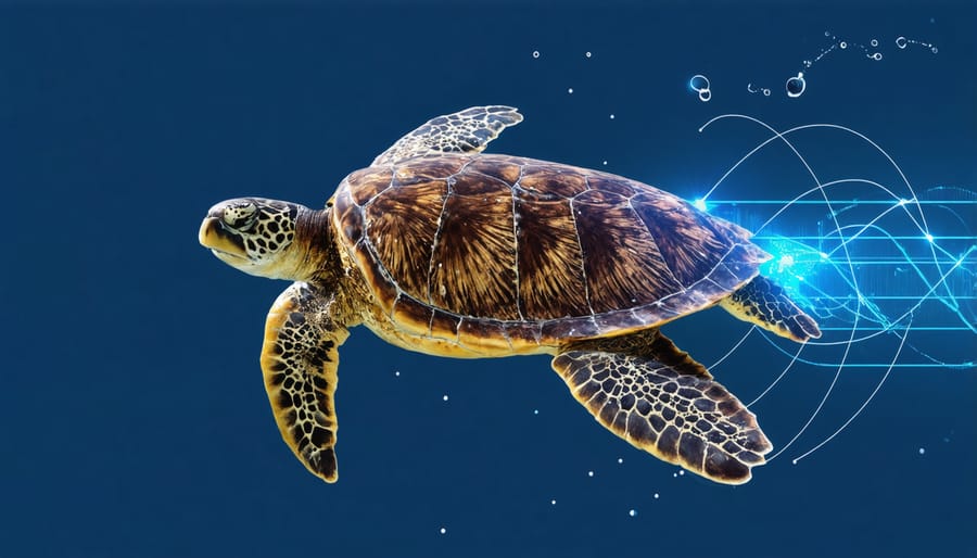 Artistic rendering of a sea turtle navigating using Earth's magnetic field lines