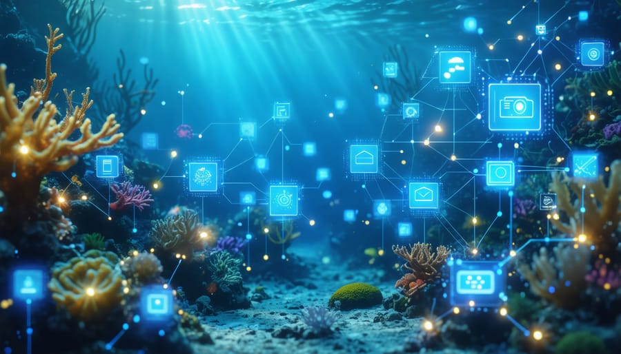 Underwater scene showing smart sensors and IoT devices monitoring marine life and water conditions