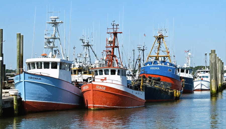 Fleet of fishing vessels docked at Virginia marina with processing plant visible