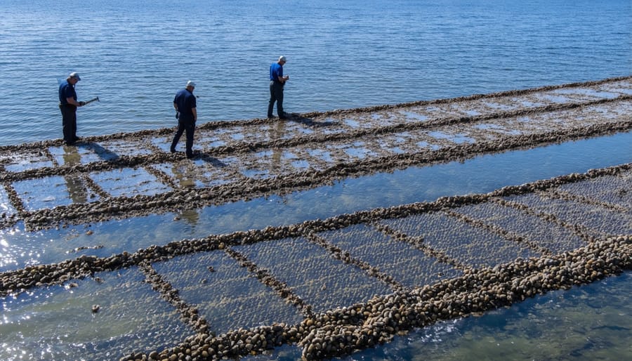 VMRC patrol boat conducting oyster bed inspection with officers visible on deck