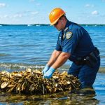 Virginia Marine Resources Commission officer engaged in oyster reef restoration on the Chesapeake Bay, highlighting conservation efforts and the balance between human activity and natural preservation.