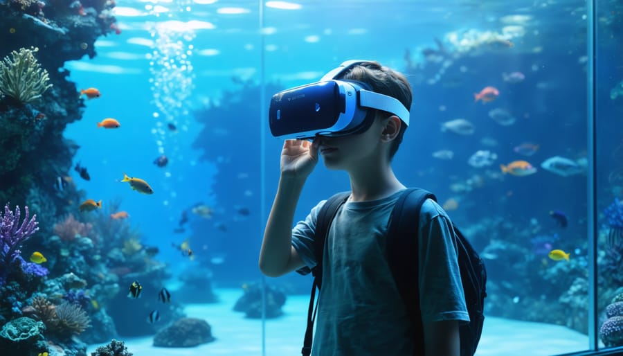 Person wearing virtual reality headset experiencing an immersive underwater marine environment