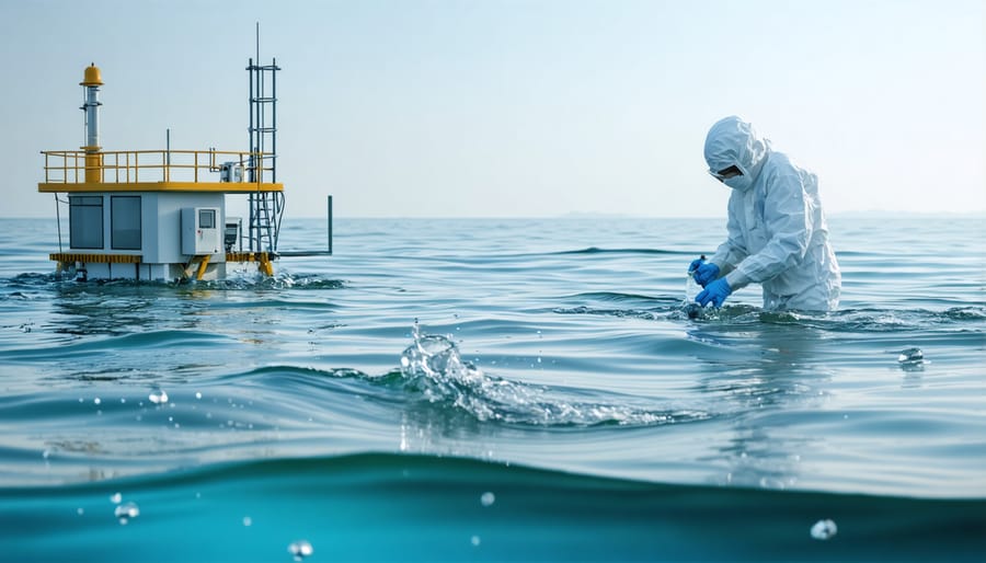 Marine scientist collecting water samples and using testing equipment at Virginia coast