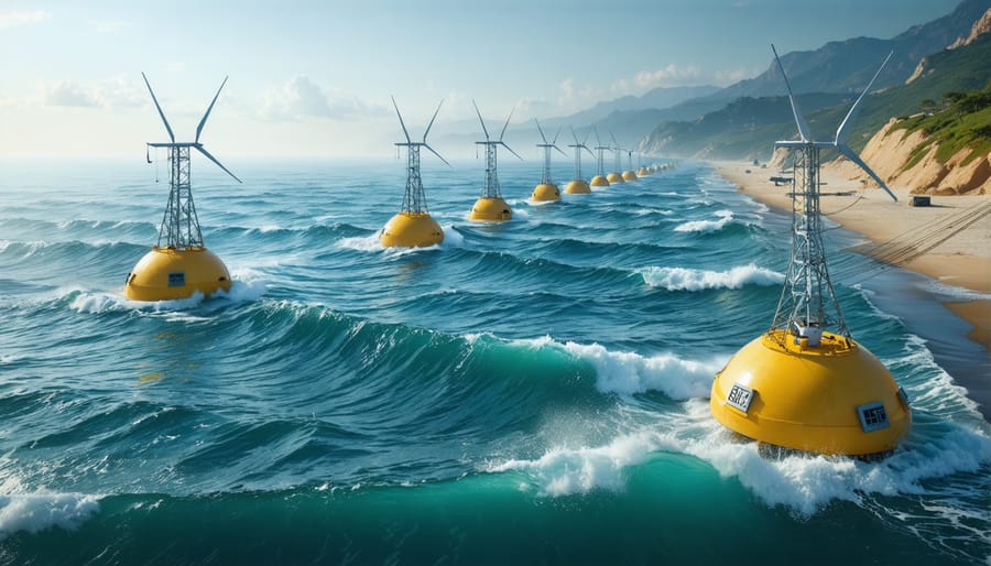 Wave energy converter devices floating on ocean surface generating renewable energy