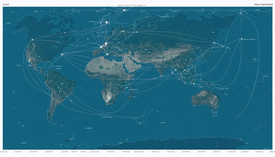 Digital map displaying satellite-tracked whale migration routes across ocean waters