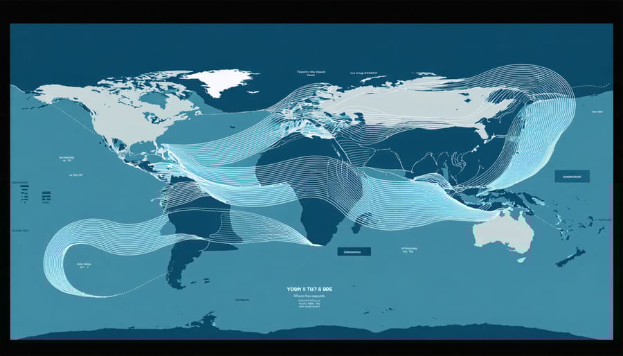 Marine map showing whale migration routes with ocean temperature gradients and current patterns
