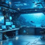 A futuristic marine engine room with digital dashboards and AI-driven monitoring systems, illustrating the harmony between technological advancements and ocean conservation.