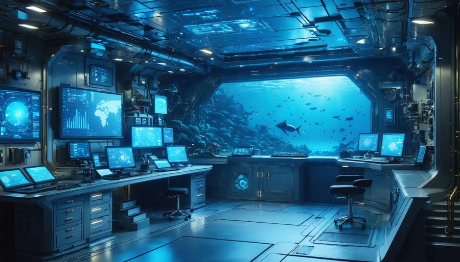 A futuristic marine engine room with digital dashboards and AI-driven monitoring systems, illustrating the harmony between technological advancements and ocean conservation.