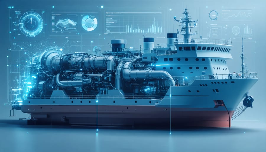 Digital interface showing AI-powered marine engine monitoring system with real-time data analysis