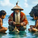 An Indigenous elder teaching traditional fishing methods to younger community members, with a blend of natural seascapes and scientific equipment in the background, symbolizing the fusion of ancient knowledge with modern conservation efforts.