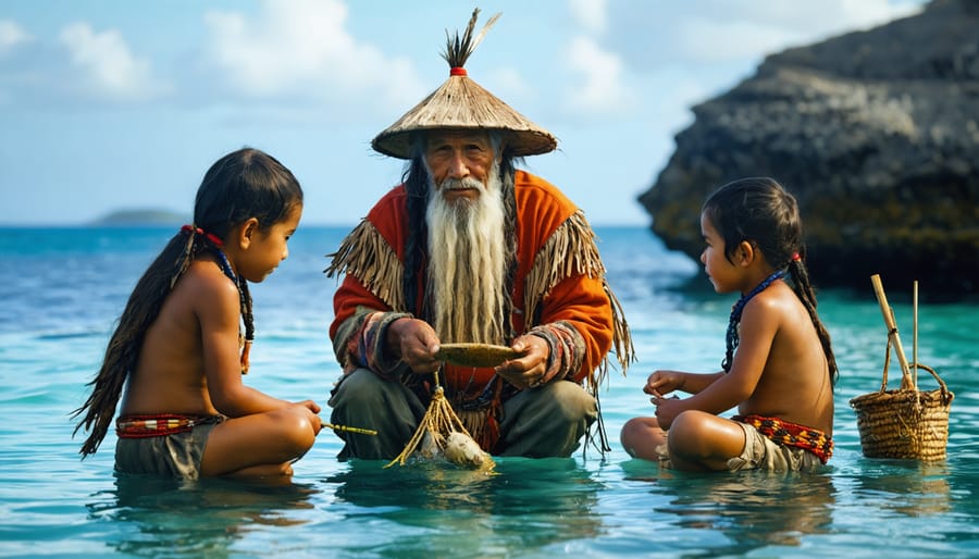 An Indigenous elder teaching traditional fishing methods to younger community members, with a blend of natural seascapes and scientific equipment in the background, symbolizing the fusion of ancient knowledge with modern conservation efforts.