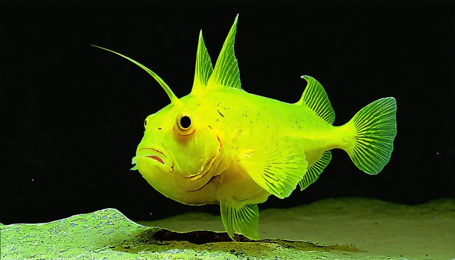 Female anglerfish in dark waters displaying glowing bioluminescent lure against black background