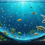 Illustration depicting a cross-section of the ocean, showing marine life amidst biodegradable microplastic particles breaking down, highlighting environmental impact.