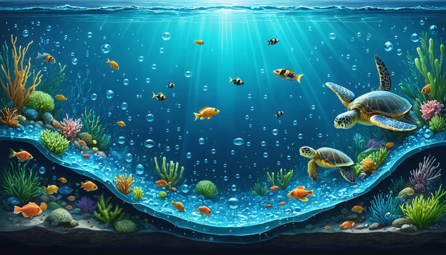 Illustration depicting a cross-section of the ocean, showing marine life amidst biodegradable microplastic particles breaking down, highlighting environmental impact.