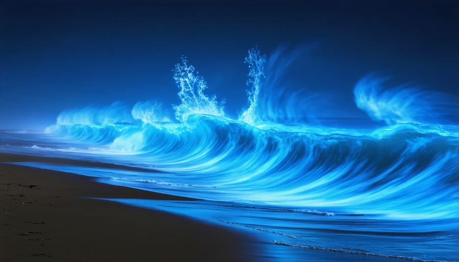 Stunning blue bioluminescent waves created by dinoflagellates at night along a beach