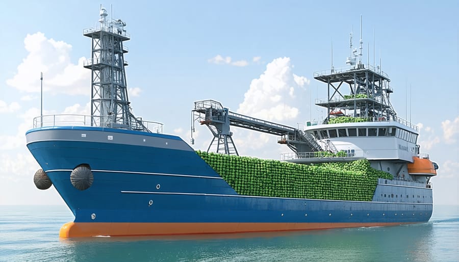 Specialized ship equipped with seaweed harvesting and processing machinery at sea