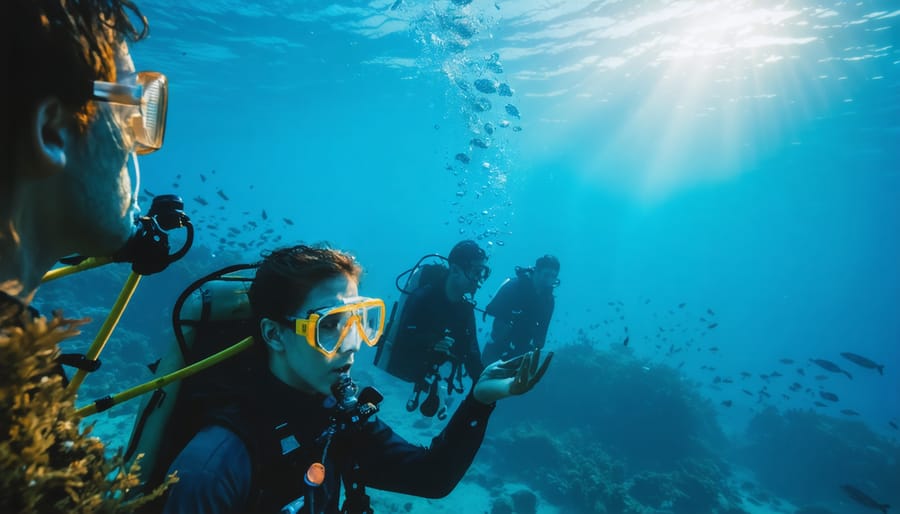 Group of volunteer divers conducting measurements and recording data at underwater archaeological site