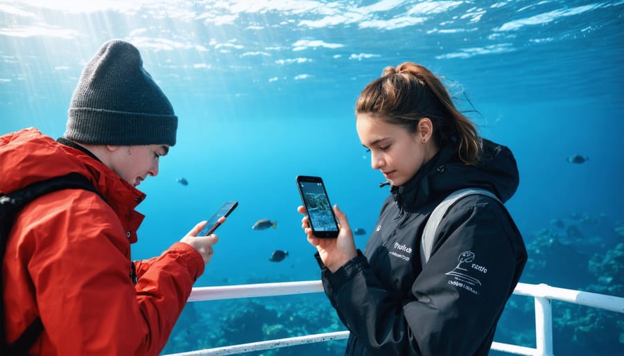 Volunteers using smartphones and tablets to collect marine data during a citizen science expedition