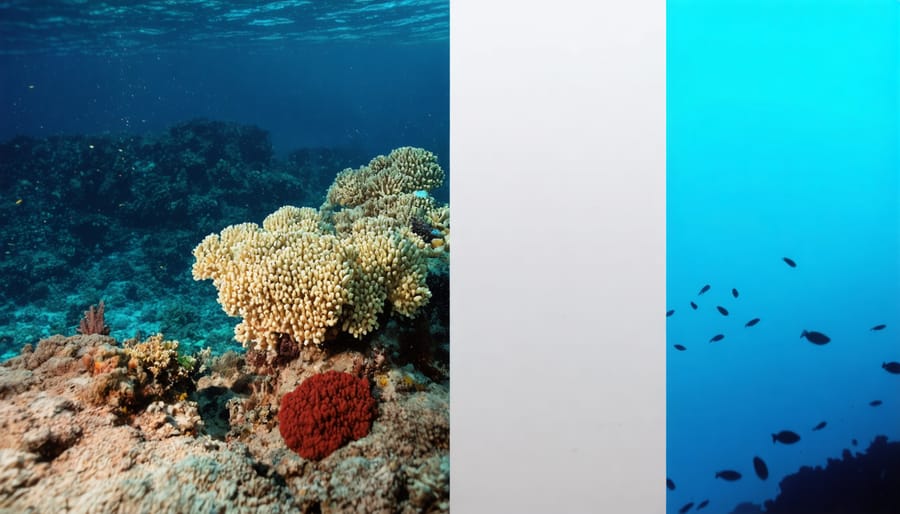Side-by-side comparison of healthy colorful coral reef and bleached white coral reef showing climate change impact