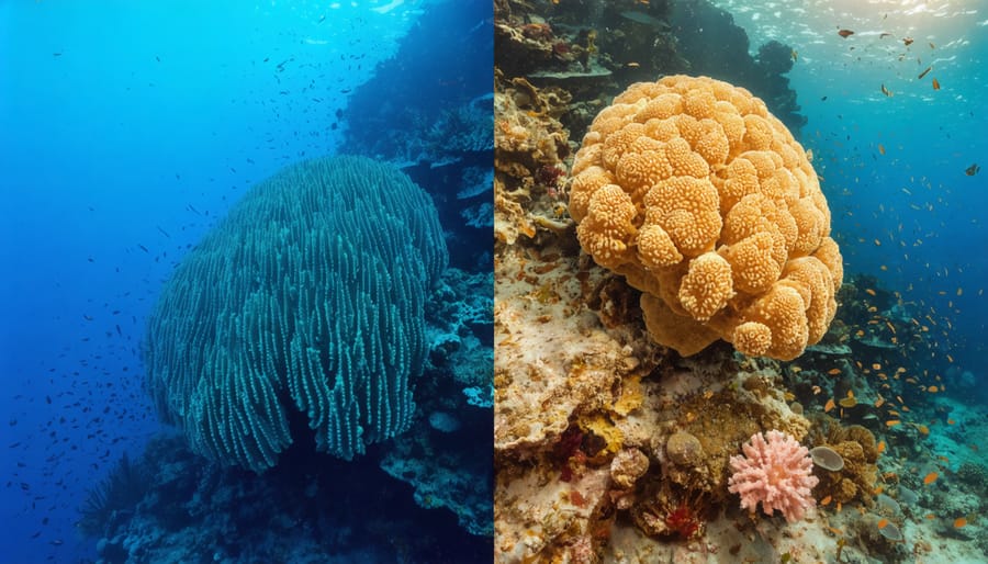 Side-by-side comparison of vibrant coral reef and bleached coral reef affected by changing ocean temperatures