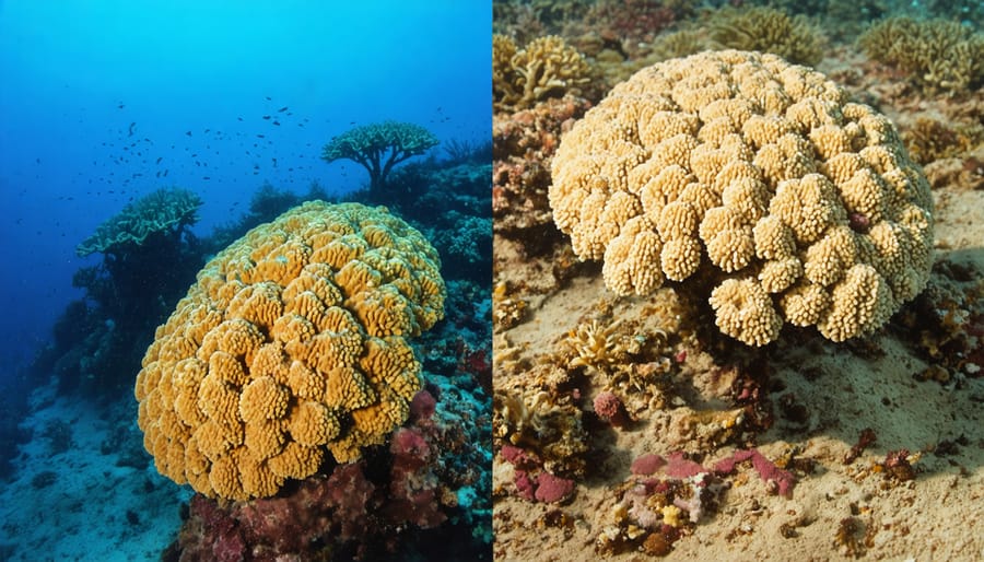 Split image showing coral reef recovery after disease management