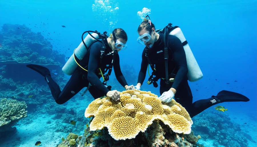 Marine biologists working on coral reef restoration in clear blue waters