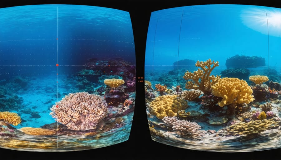 Side-by-side comparison of actual coral reef and its virtual reality recreation with scientific monitoring data