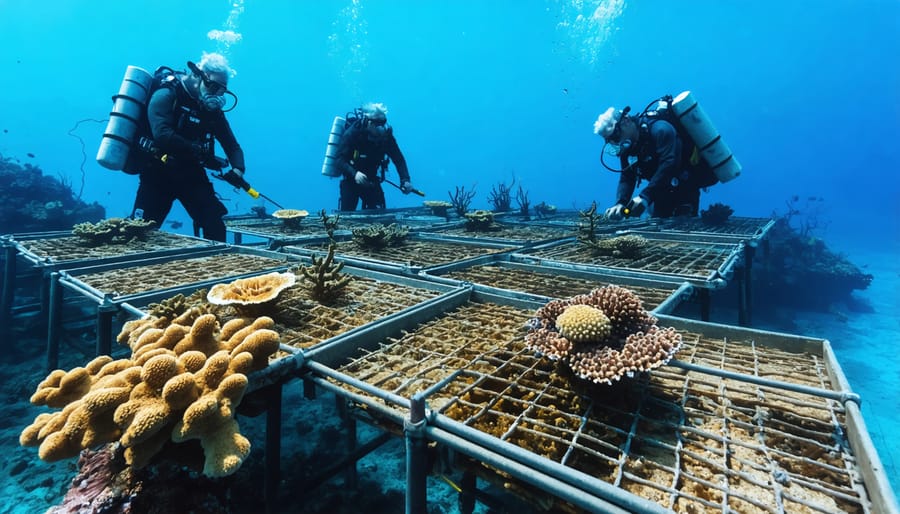 Research team maintaining underwater coral nursery structures with growing coral fragments