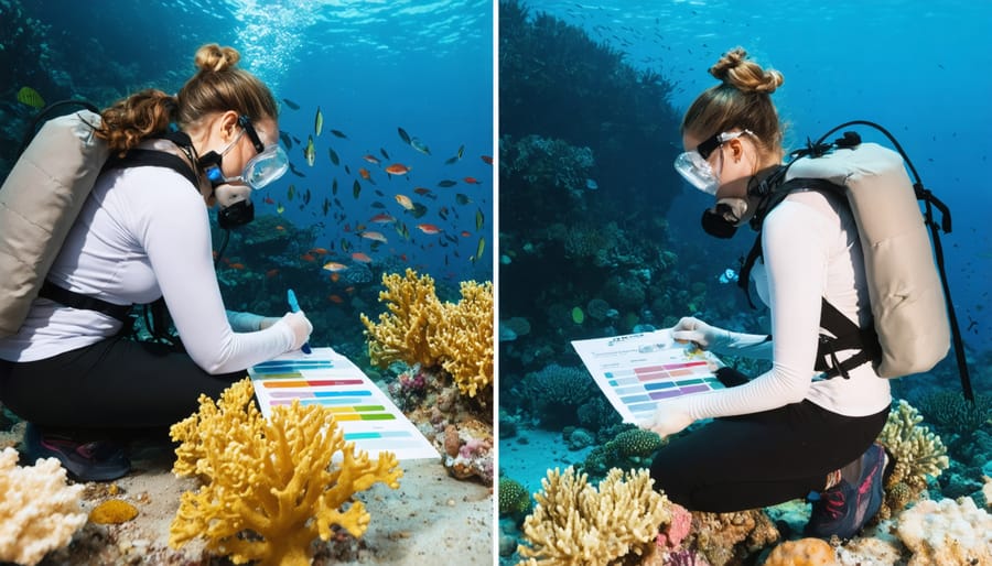 Scuba divers using Coral Watch color charts to assess coral health status