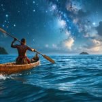 Indigenous Pacific Islander skillfully navigating a traditional outrigger canoe, utilizing star-based navigation, symbolizing the fusion of cultural heritage and marine conservation.