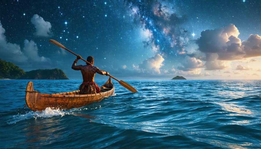 Indigenous Pacific Islander skillfully navigating a traditional outrigger canoe, utilizing star-based navigation, symbolizing the fusion of cultural heritage and marine conservation.