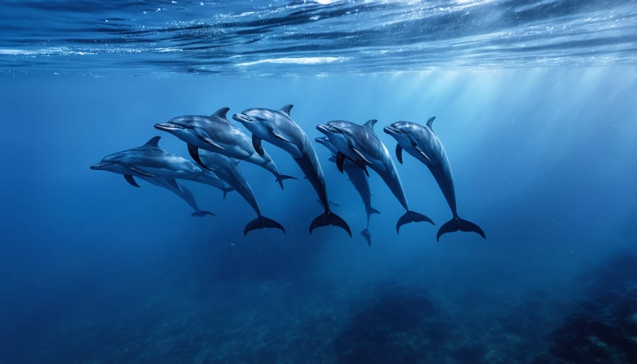Group of bottlenose dolphins swimming together with a lead dolphin guiding the pod