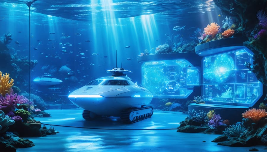 A conceptual depiction of futuristic underwater technology with autonomous underwater vehicles and digital data displays, illustrating the integration of marine tech in conservation efforts.