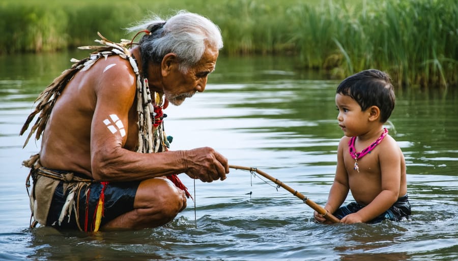 Elder demonstrating traditional fishing methods to youth on a traditional wooden canoe