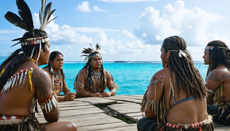 Indigenous elders and marine biologists sharing knowledge around a table with maps and scientific equipment