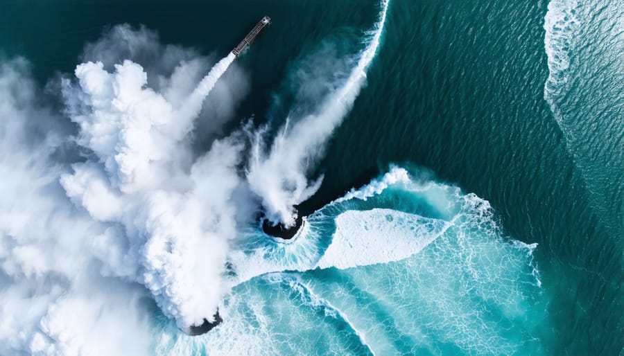 Industrial wastewater creating colored plumes as it enters ocean waters from coastal factory outlets