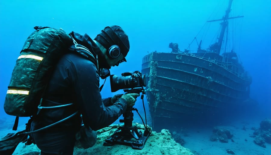 Scuba diver using specialized camera equipment to photograph wooden remains of historical shipwreck