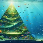Illustration of a marine biomass pyramid depicting various trophic levels, from tiny phytoplankton at the base to apex predators like whales and sharks at the top, showcasing ocean energy flow and biodiversity.